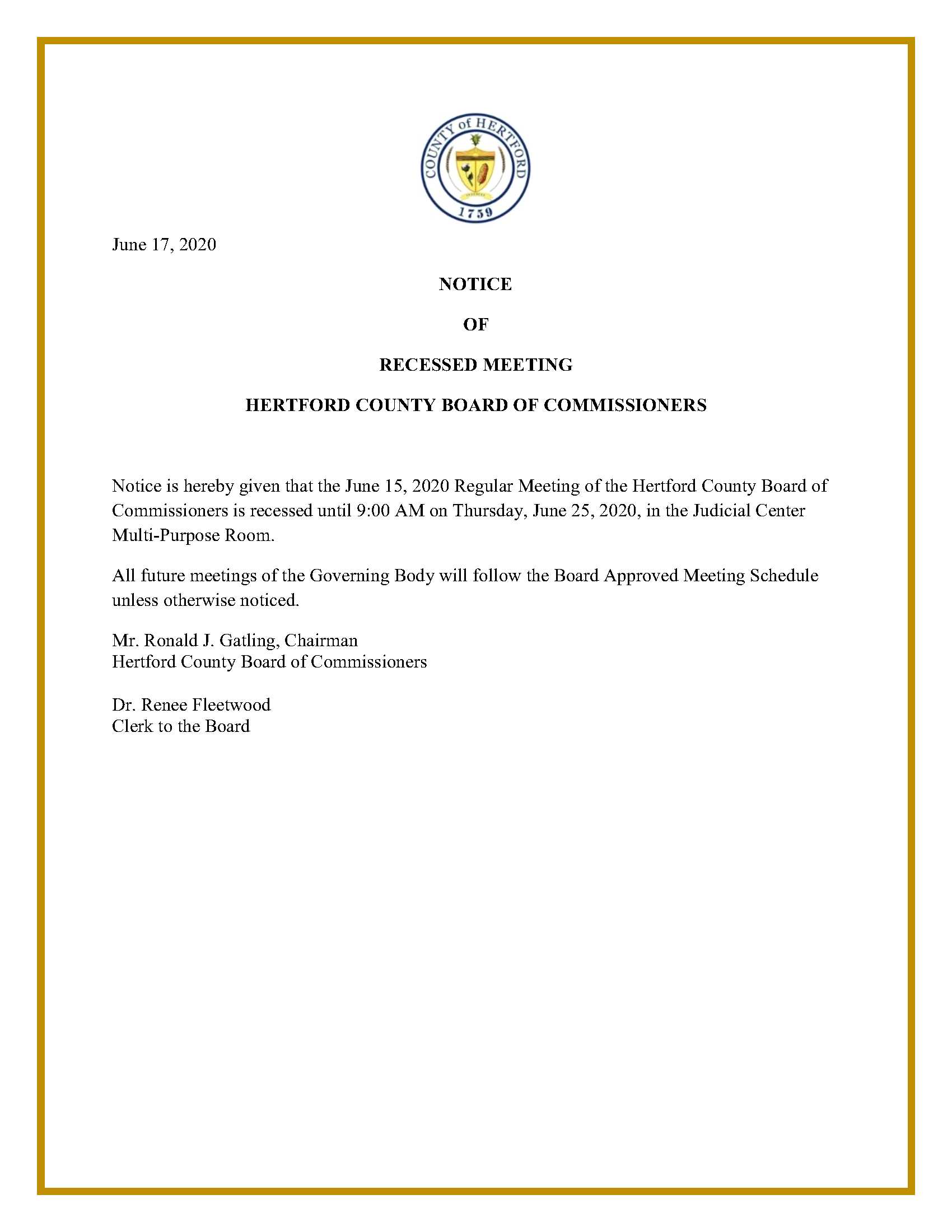 Notice of Recessed Meeting June 25 2020